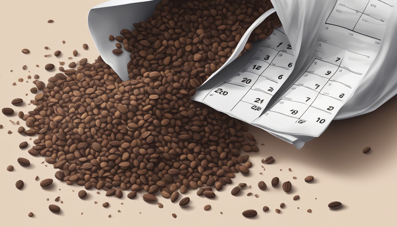 A pile of cocoa nibs spilling out of an open bag, with a calendar showing an expired date in the background