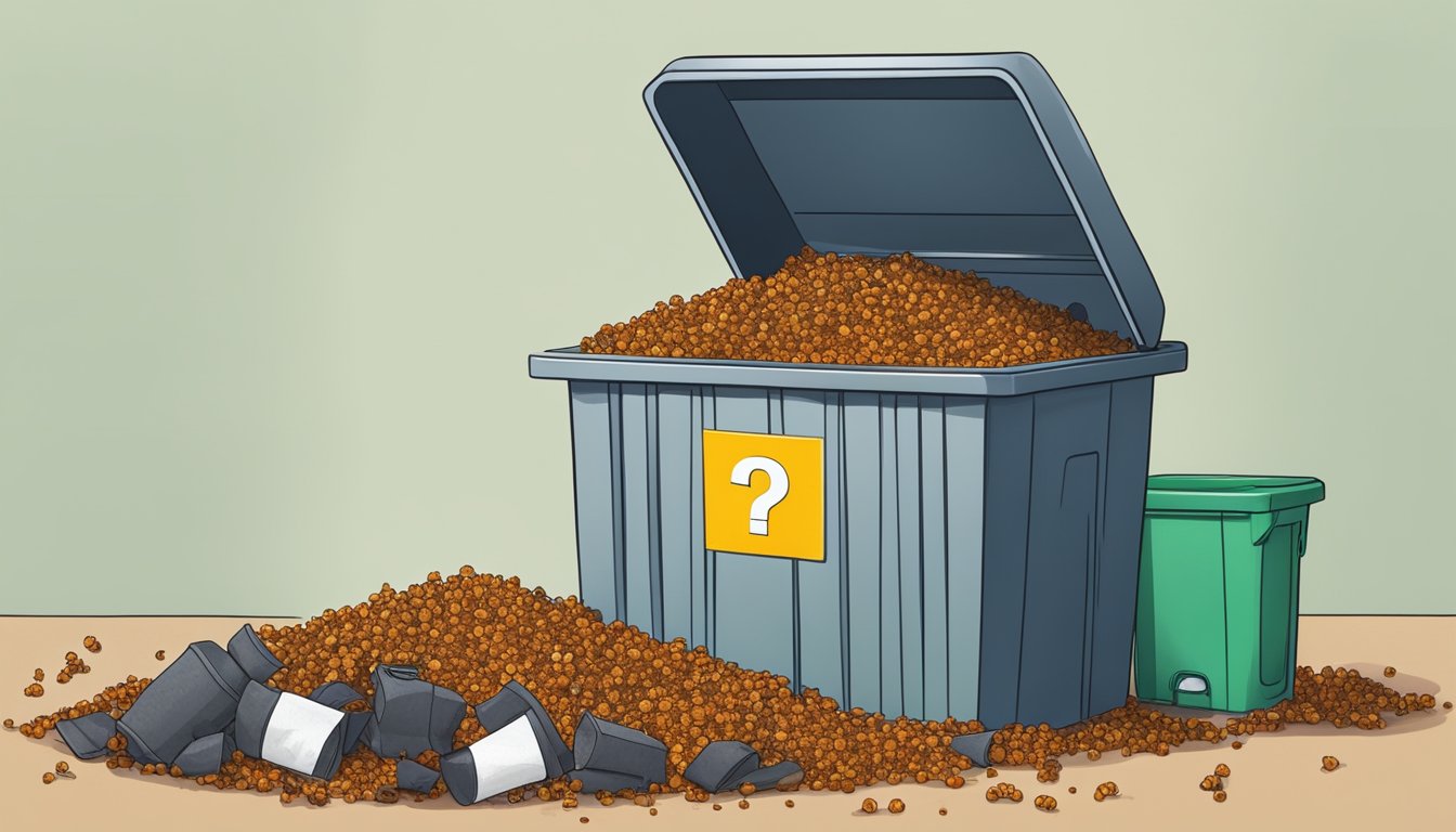 A pile of expired cloves next to a garbage bin, with a caution sign and a question mark