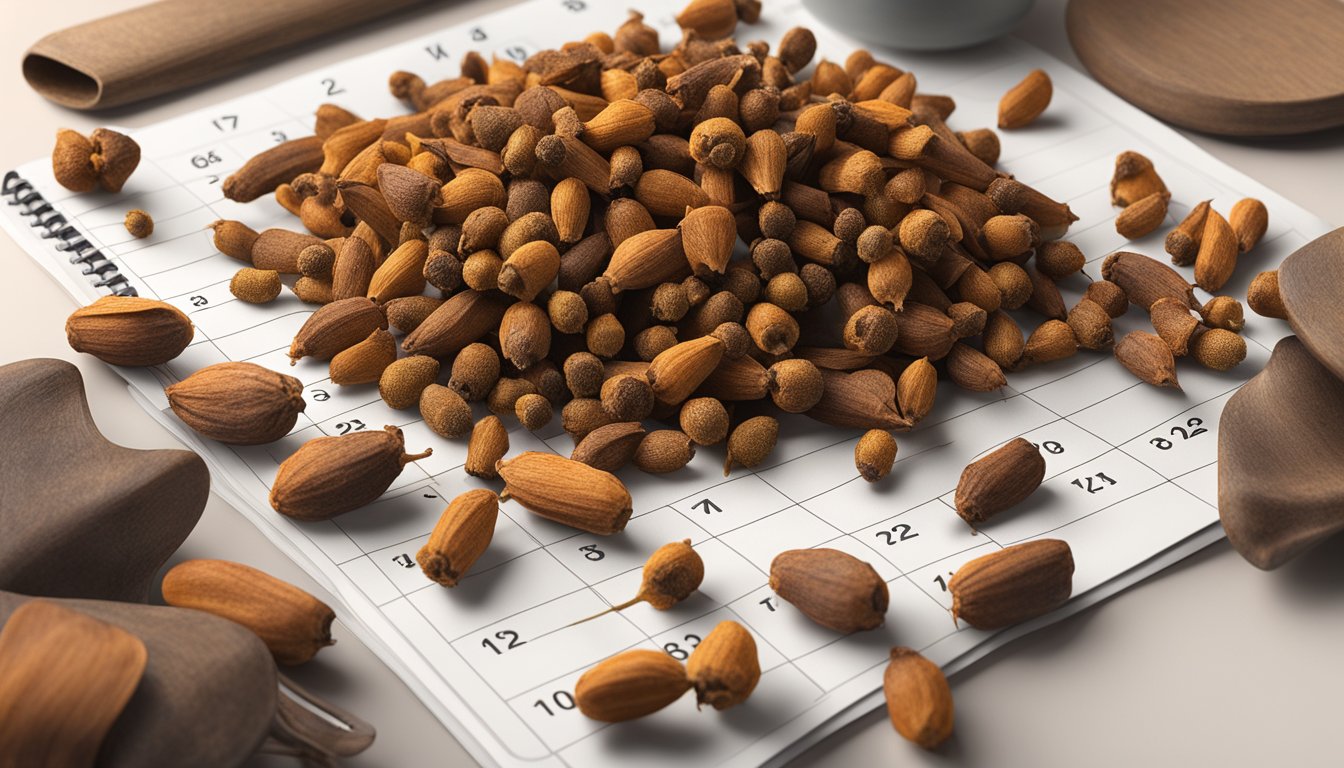 A pile of expired cloves next to a calendar, with mold growing on some of the cloves