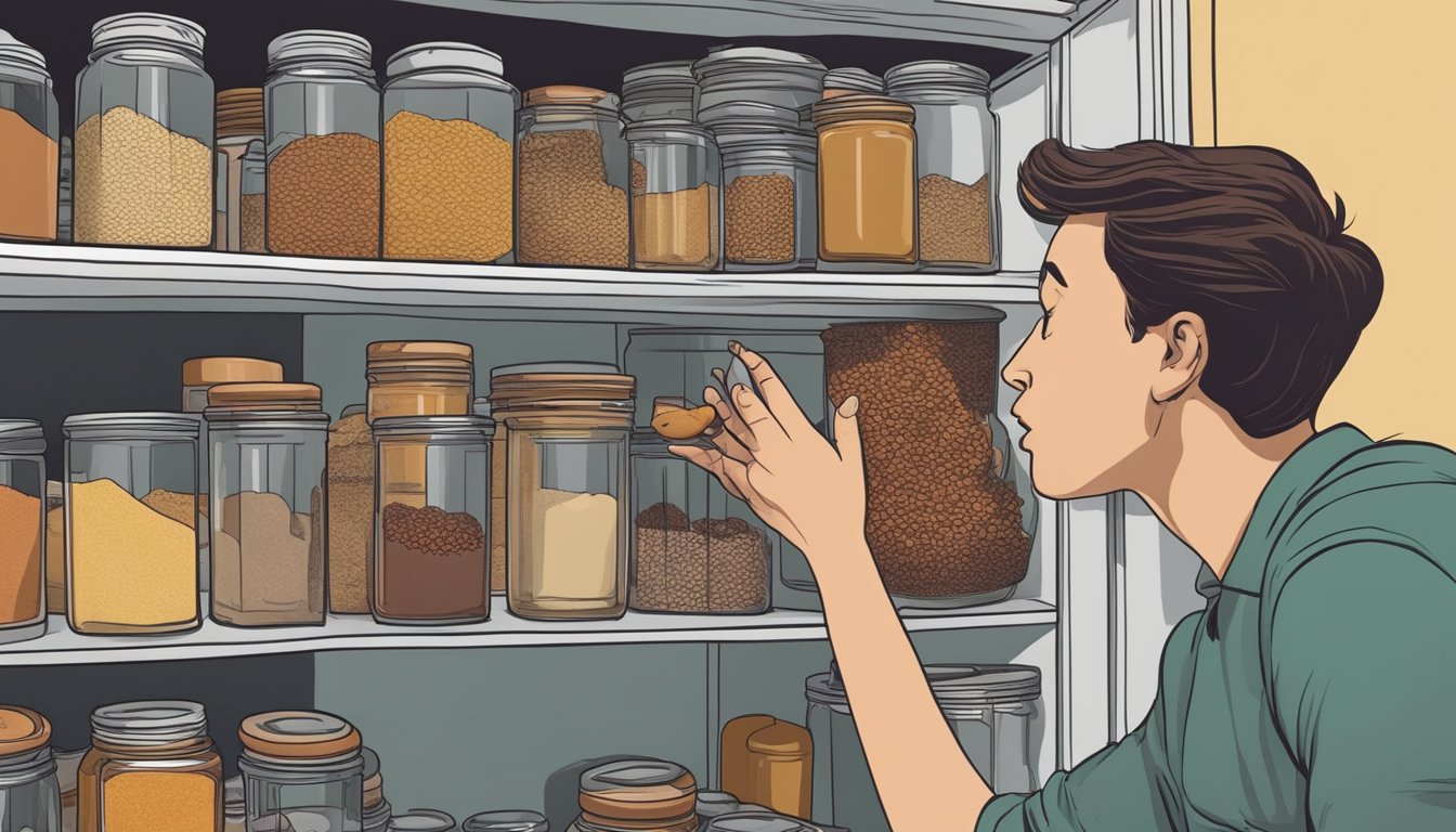 A hand reaching for a jar of expired cloves in a cluttered spice cabinet, with a concerned expression on their face