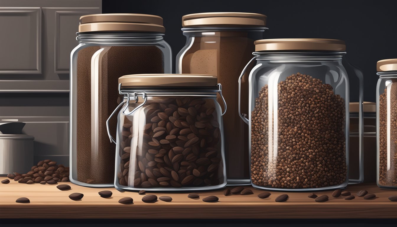 A sealed jar of cocoa nibs stored in a cool, dark pantry