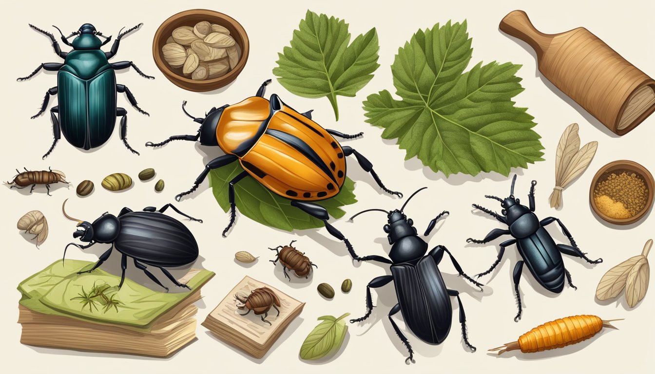 A person collects and prepares various beetles for consumption, surrounded by historical artifacts and documents about entomophagy