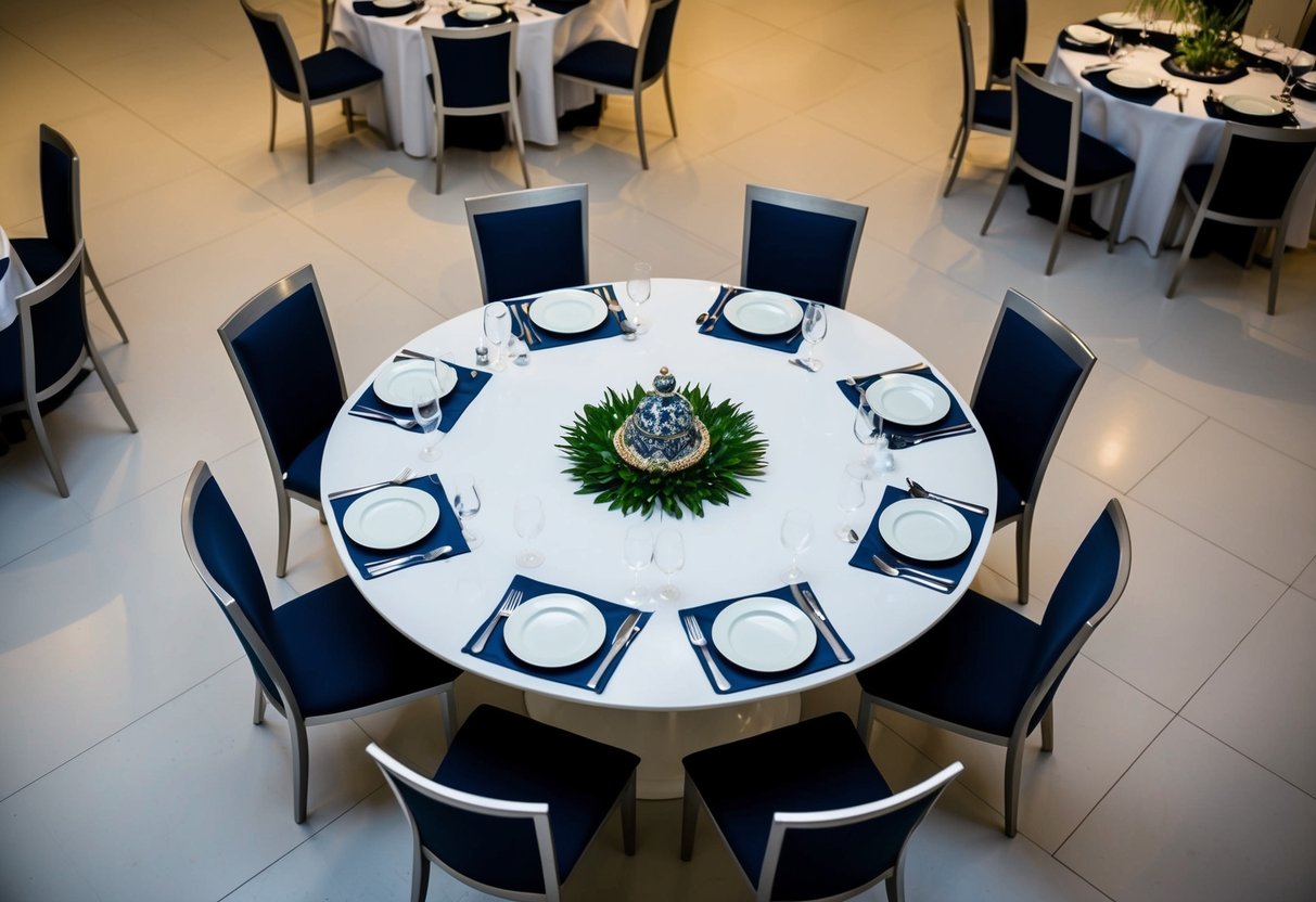 A circular table with six chairs evenly spaced around it. A decorative centerpiece sits in the middle of the table