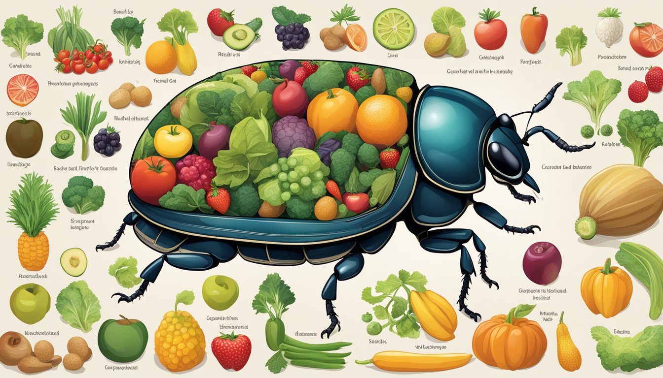 A beetle is surrounded by various foods, including fruits and vegetables, with a nutritional chart displayed nearby