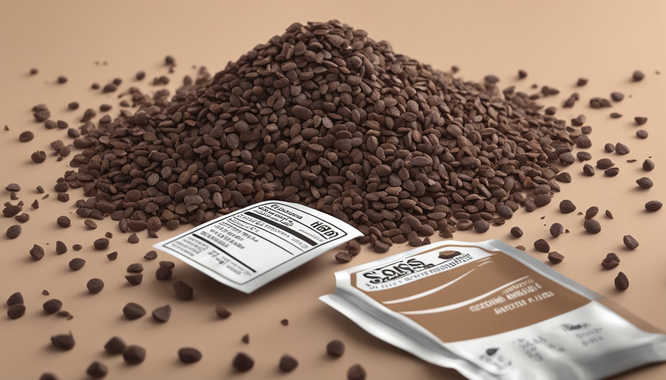 A pile of expired cocoa nibs beside a nutrition label showing their benefits and profile