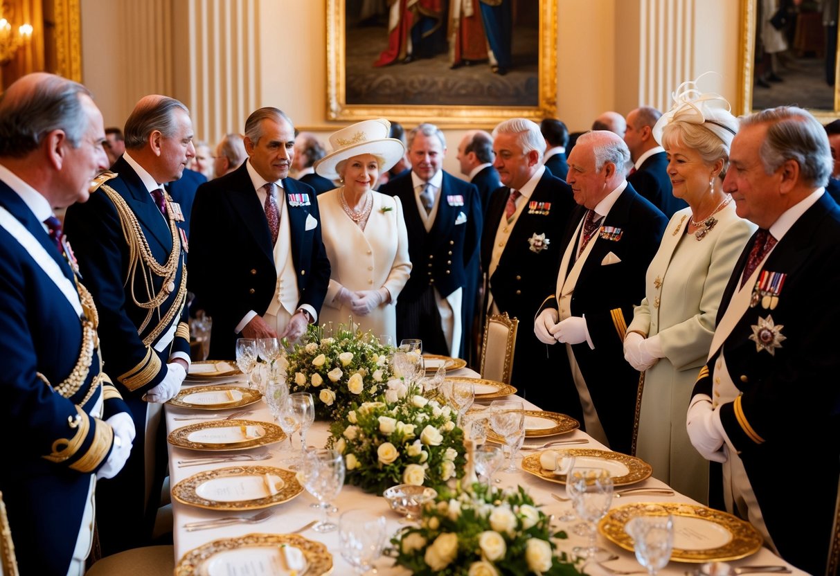 Nobles and dignitaries gather around the ornate table, adorned with lavish decorations and fine dining ware, at the royal wedding