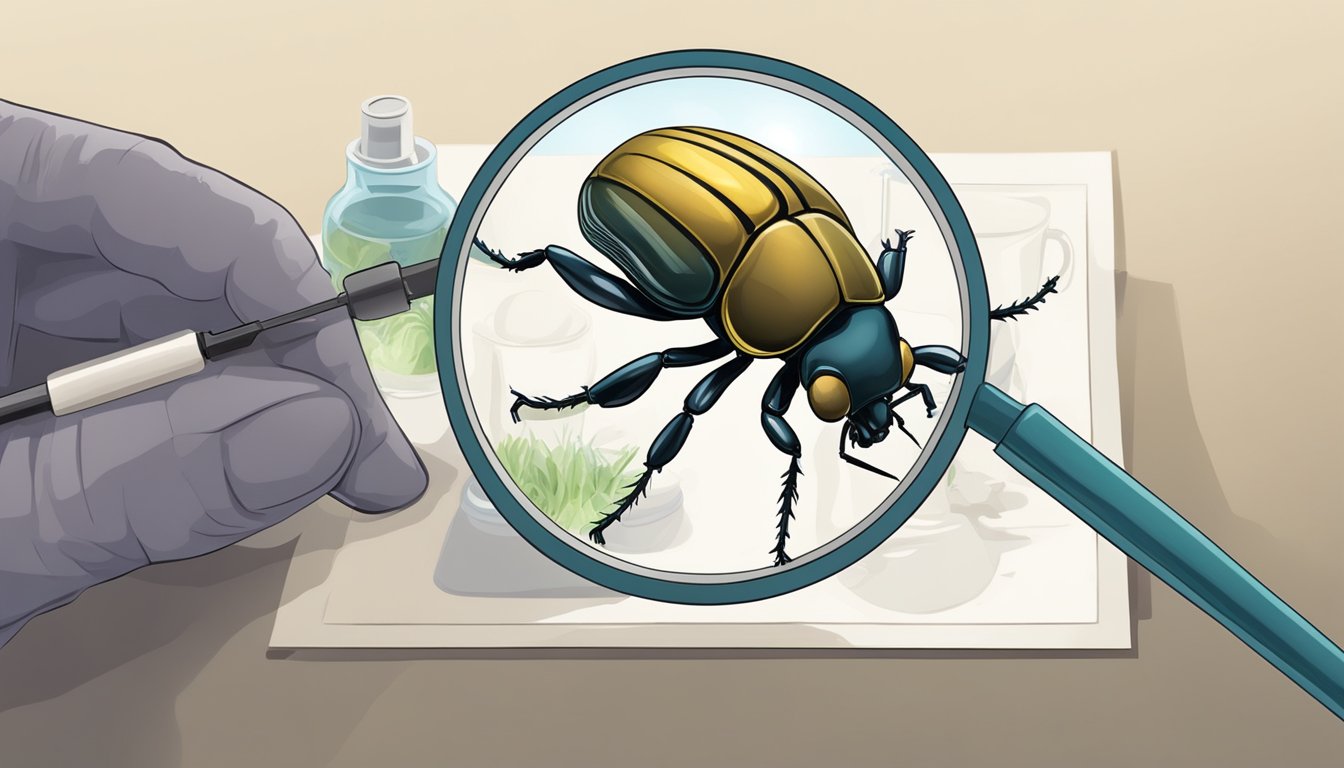 A beetle being examined under a magnifying glass by a scientist