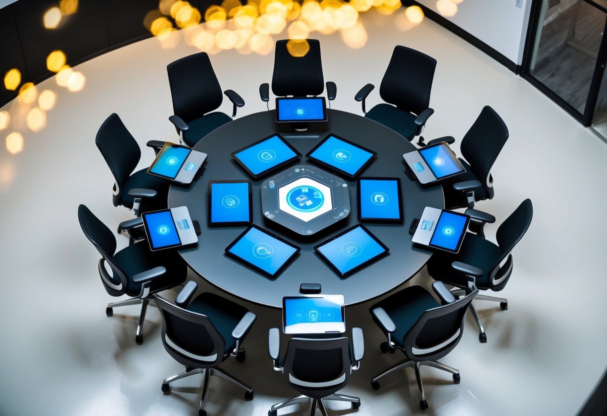 A circle of ergonomic chairs around a low table with interactive screens and a central control panel