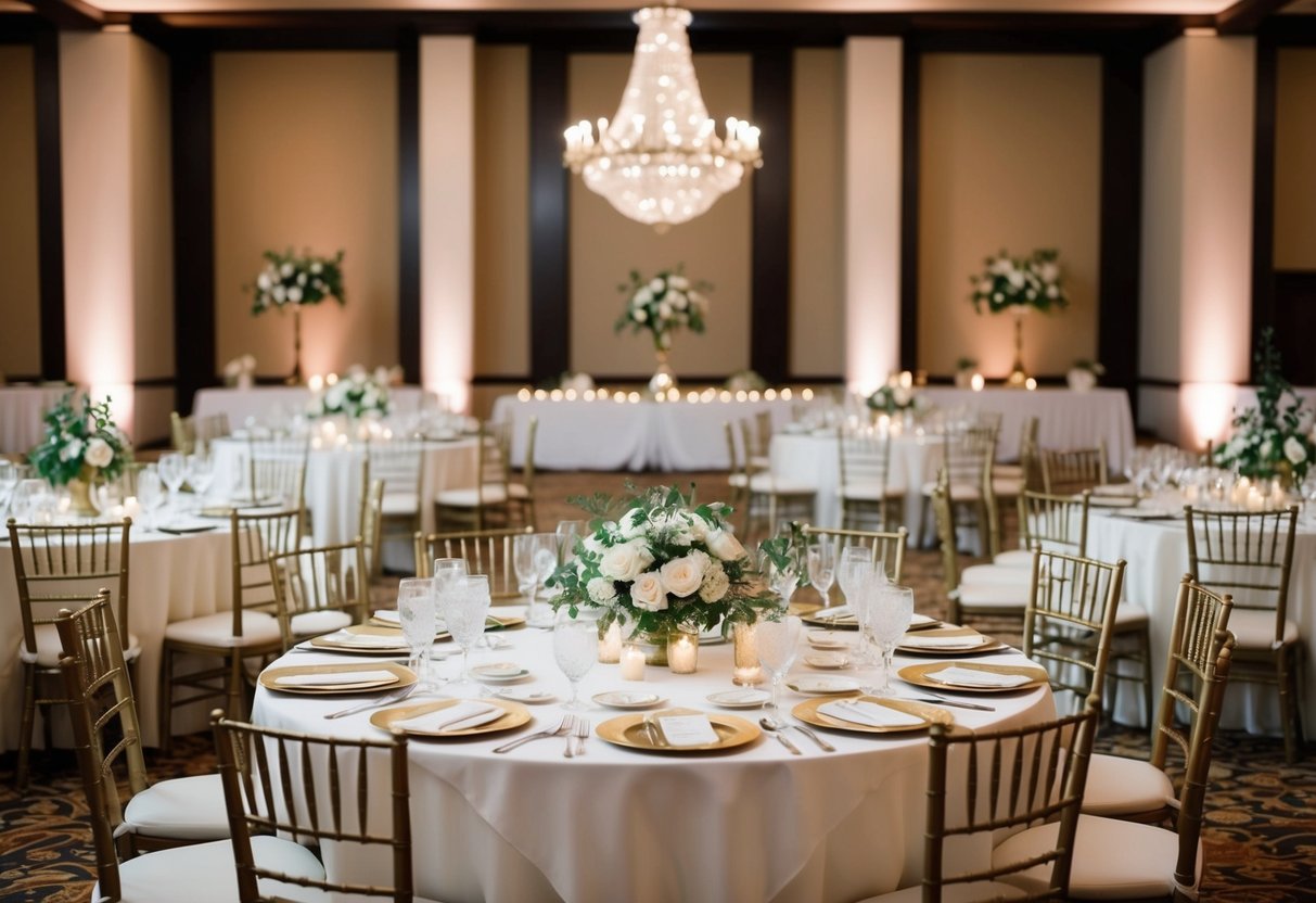 A grand table set with ornate chairs and place settings, positioned at the center of the reception hall