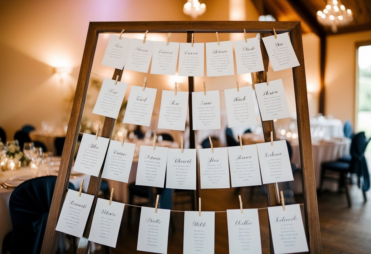A wedding seating chart with tables arranged for couples, names displayed
