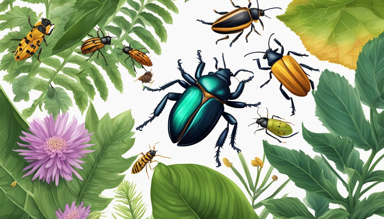 Beetles crawling on a leaf, surrounded by various plants and insects