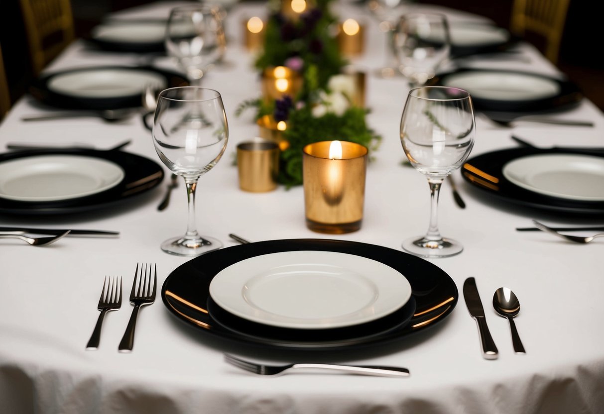 A table set for a formal dinner, with place settings arranged in a precise order, each with a designated seat
