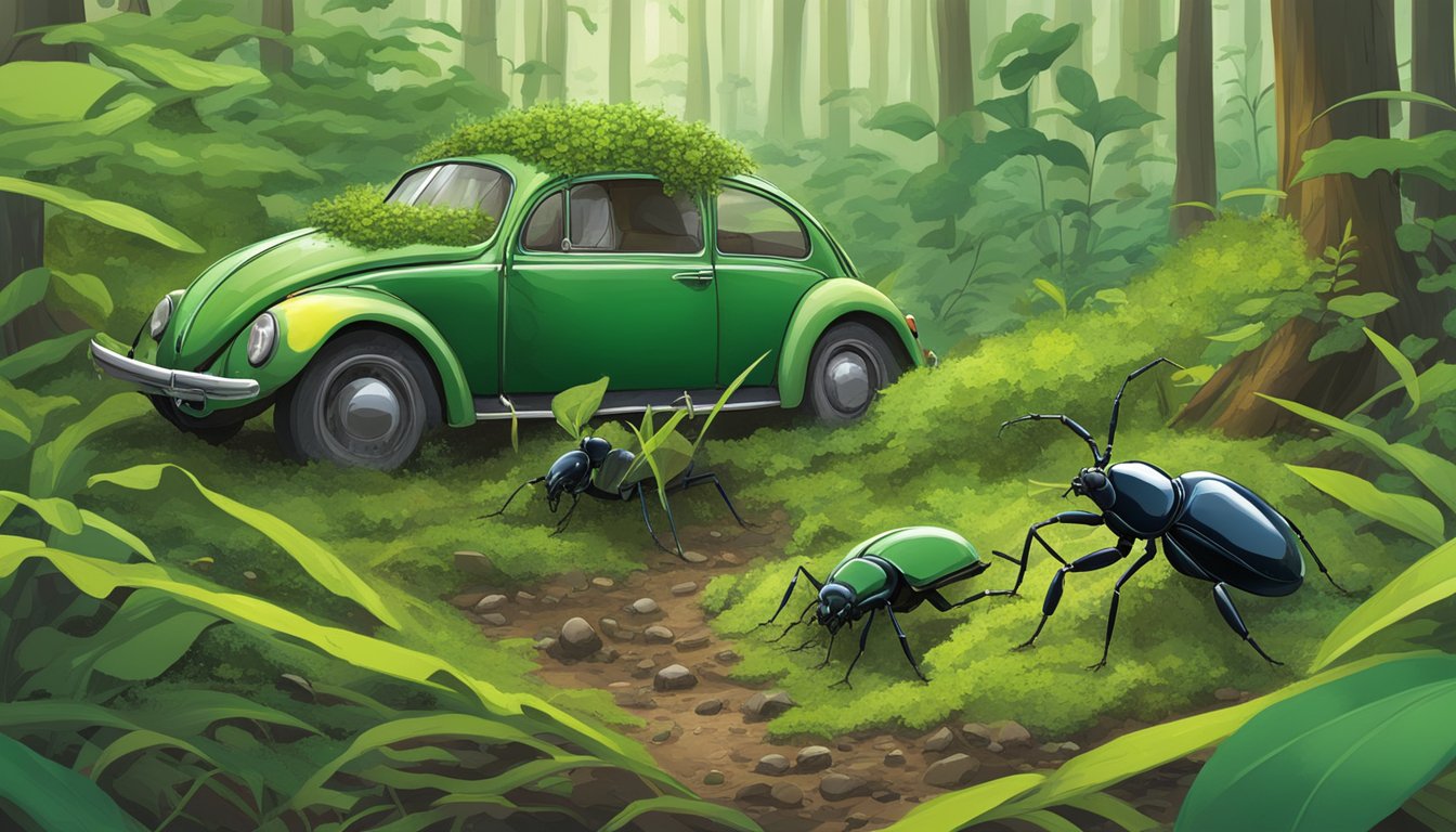 Beetles crawling through a lush green forest, breaking down decaying matter, enriching the soil, and contributing to the ecosystem's balance