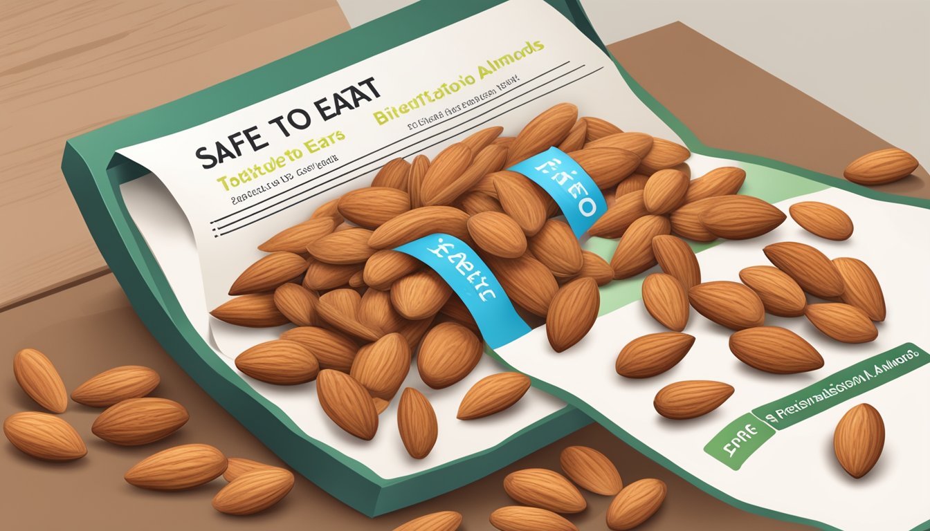 A pile of bitter almonds with a nutritional chart and a "safe to eat" label