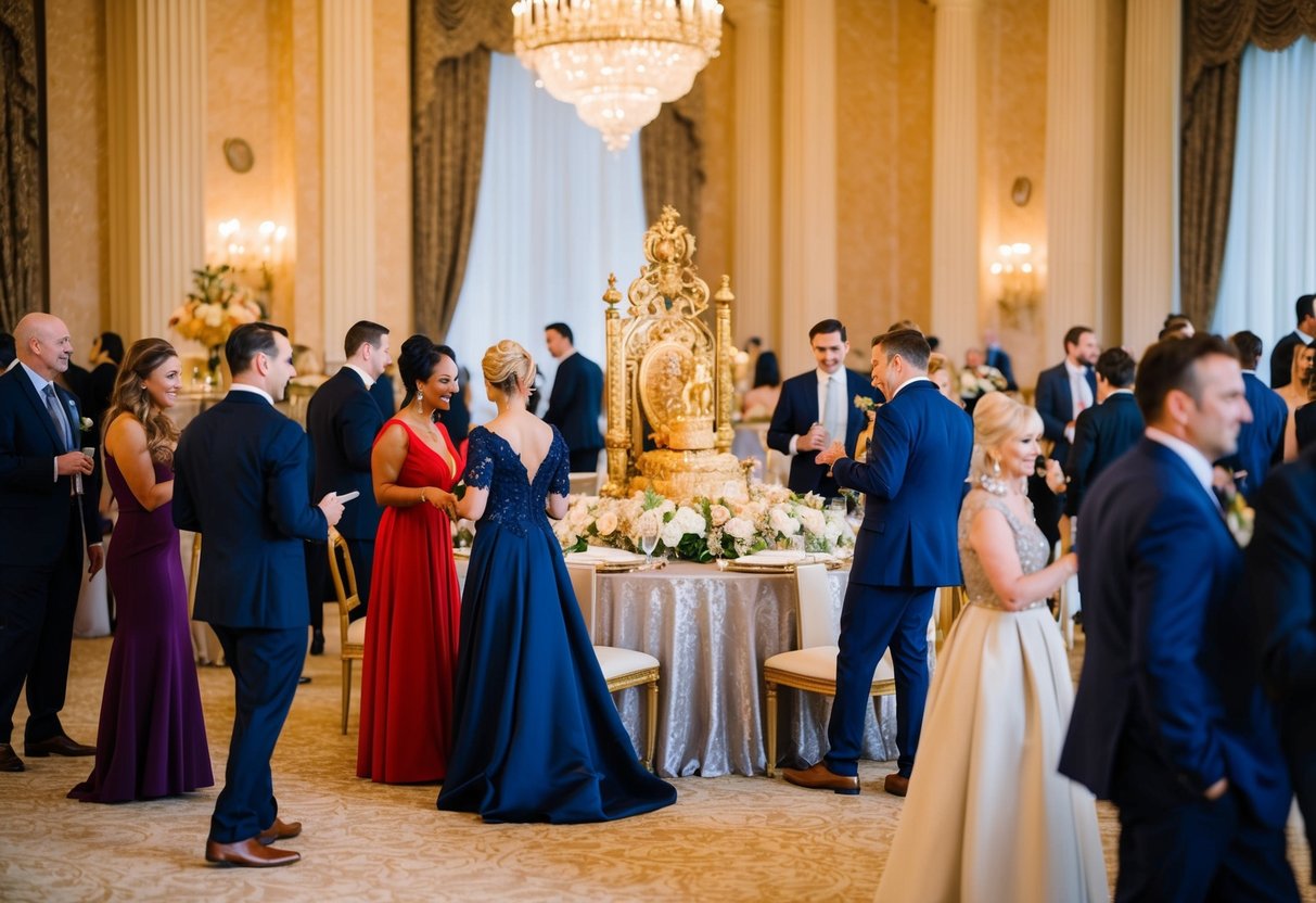 Guests mingle around the grand reception hall, some gravitating towards the opulent king's table adorned with lavish decor and a grand centerpiece