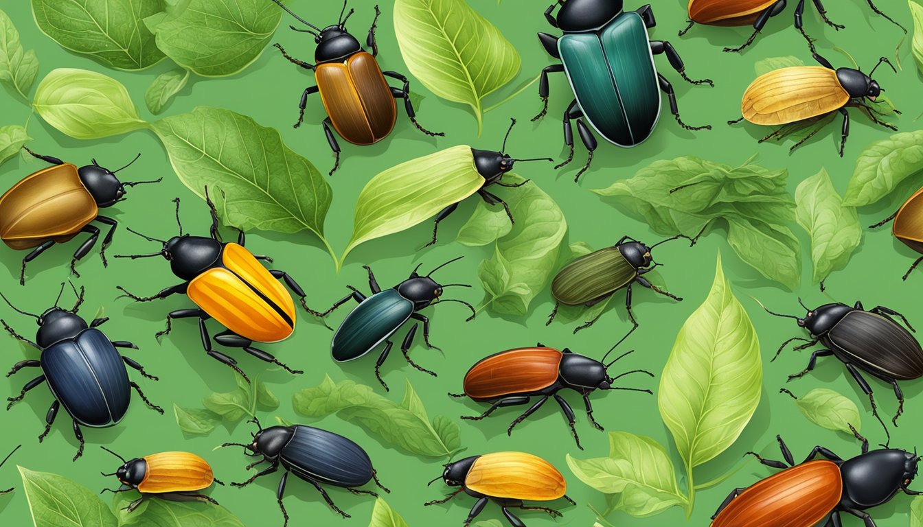 A variety of edible beetles crawling on a leafy green background