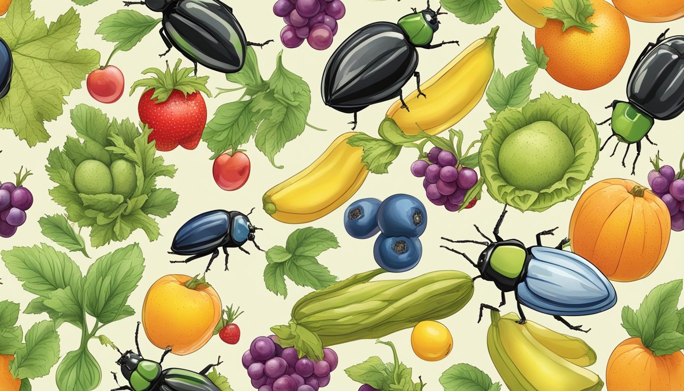 Beetles crawling on a plate of colorful fruits and vegetables