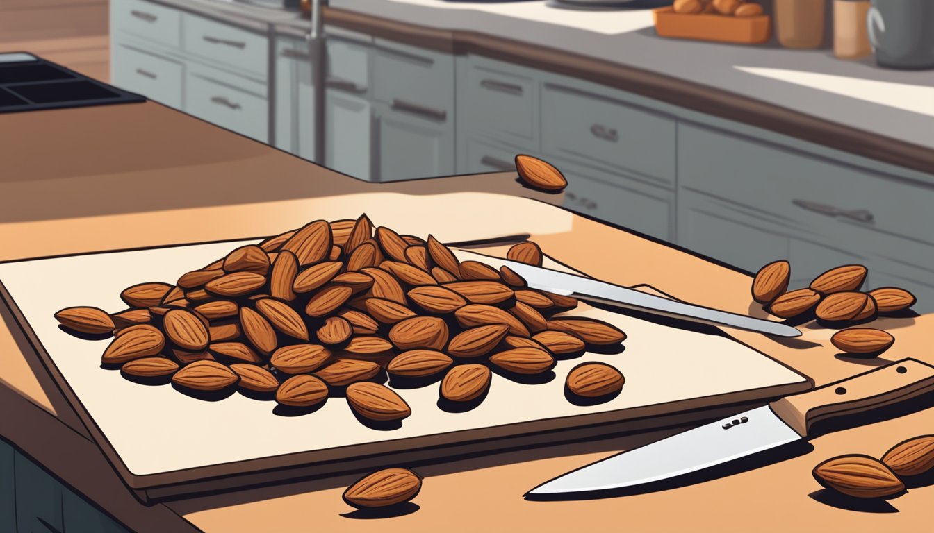 A pile of bitter almonds sits on a clean, well-lit kitchen counter, next to a knife and cutting board. A cautious hand hovers nearby