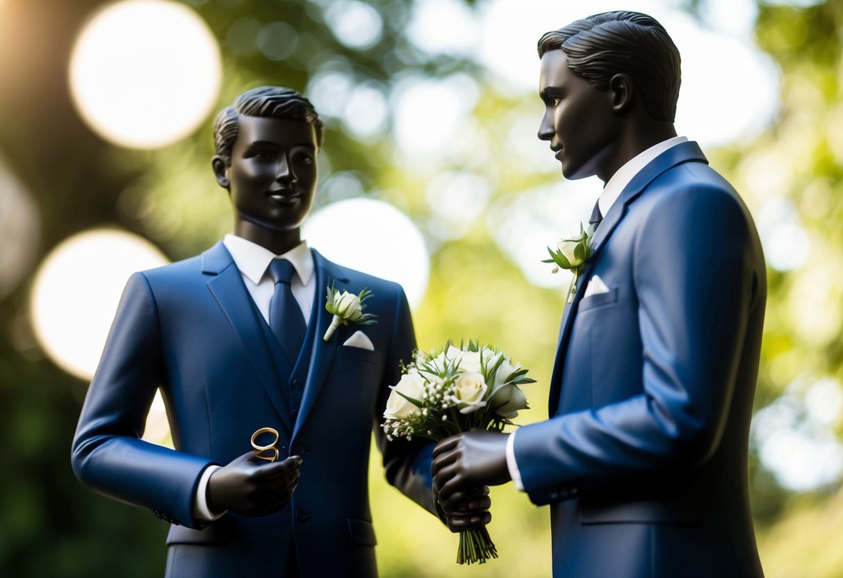 A figure in a formal suit stands beside the groom, holding a bouquet or a ring