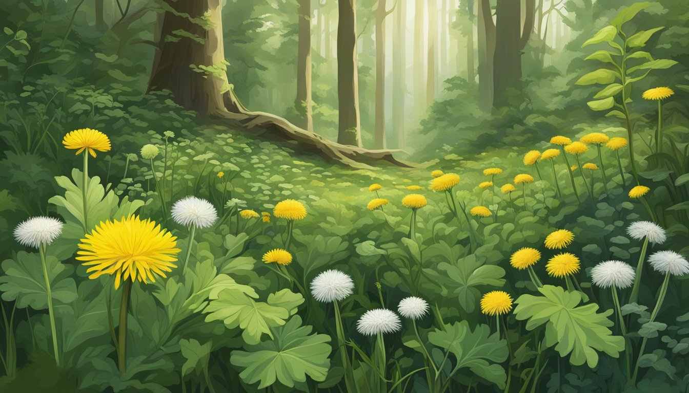 A variety of wild greens, such as dandelion, sorrel, and chickweed, are depicted growing in a lush, untamed forest setting