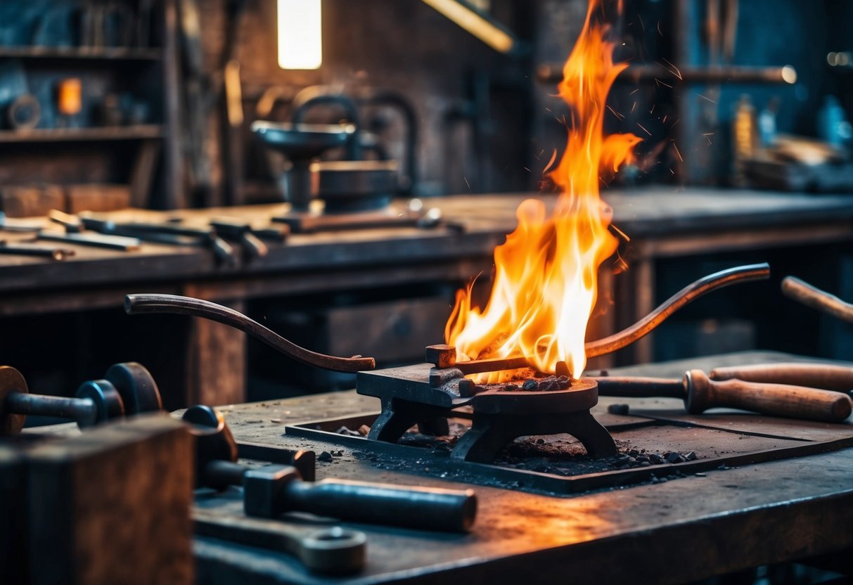 A blacksmith's shop with tools and a blazing forge