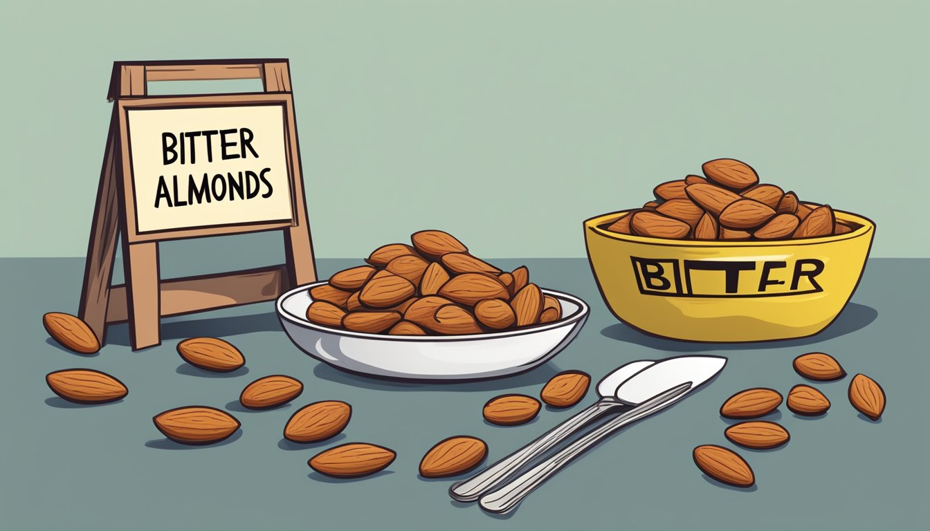 A pile of bitter almonds next to a warning sign and a crossed out fork and knife