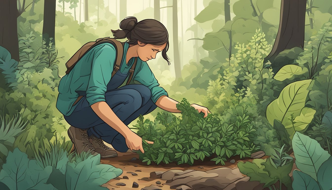 A person crouching in a forest, gathering various wild greens and herbs from the ground