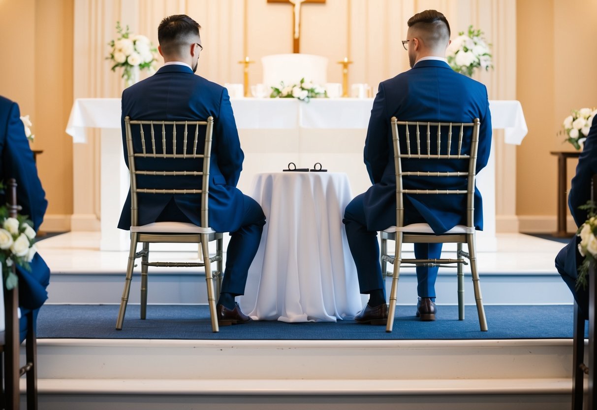 A groom's side of the altar, with a chair for the best man and a small table for the wedding rings