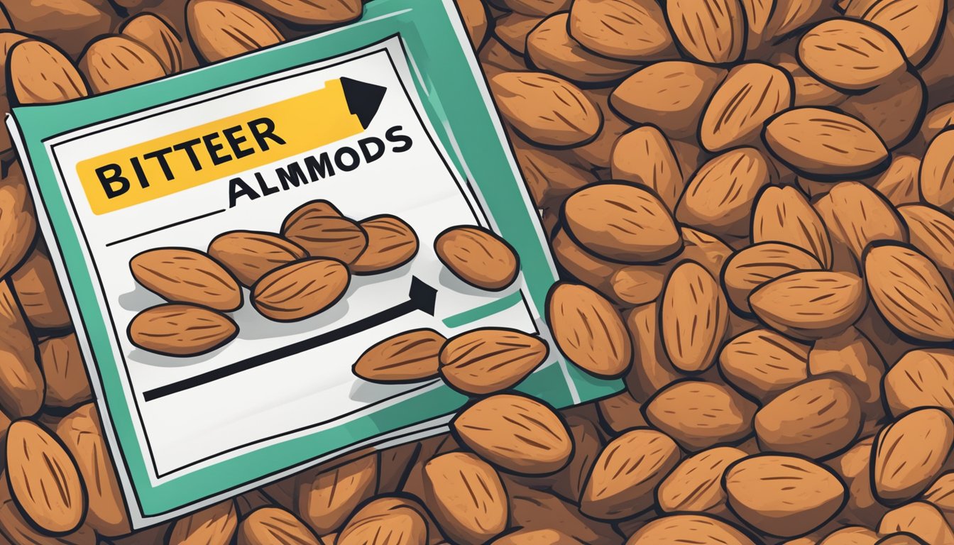 A pile of bitter almonds sits next to a warning sign with a crossed-out allergen symbol. A person with an allergic reaction is shown in the background