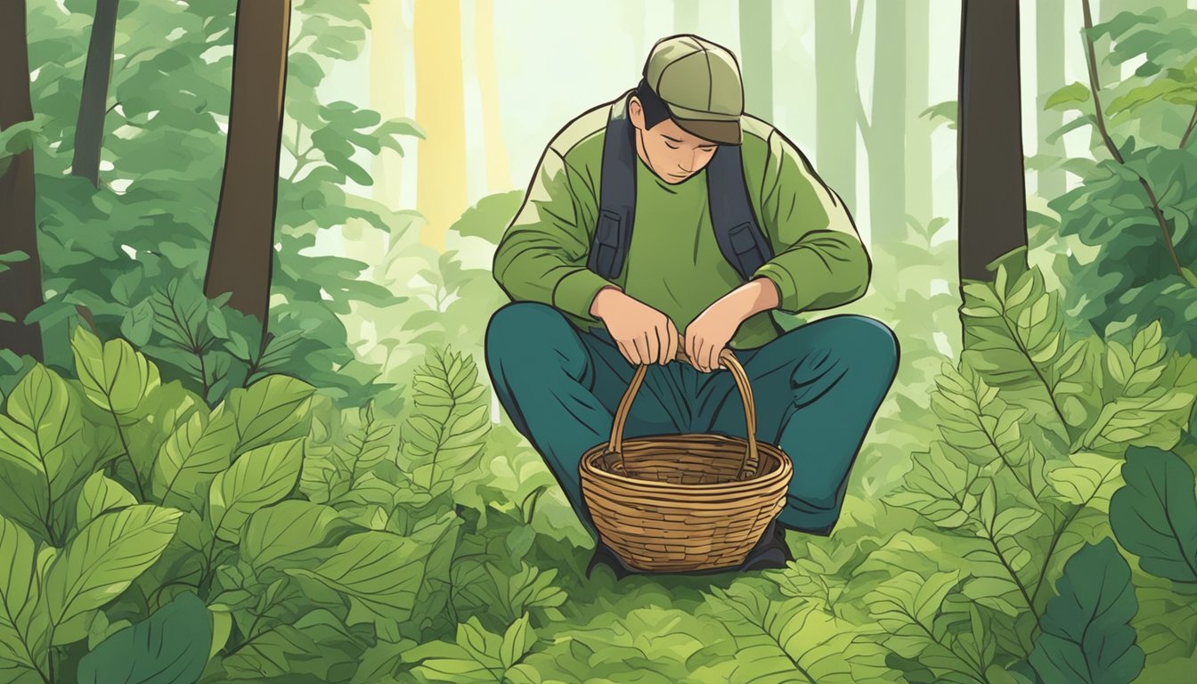 A person gathering wild greens from a forest clearing, carefully inspecting each leaf before placing them in a basket