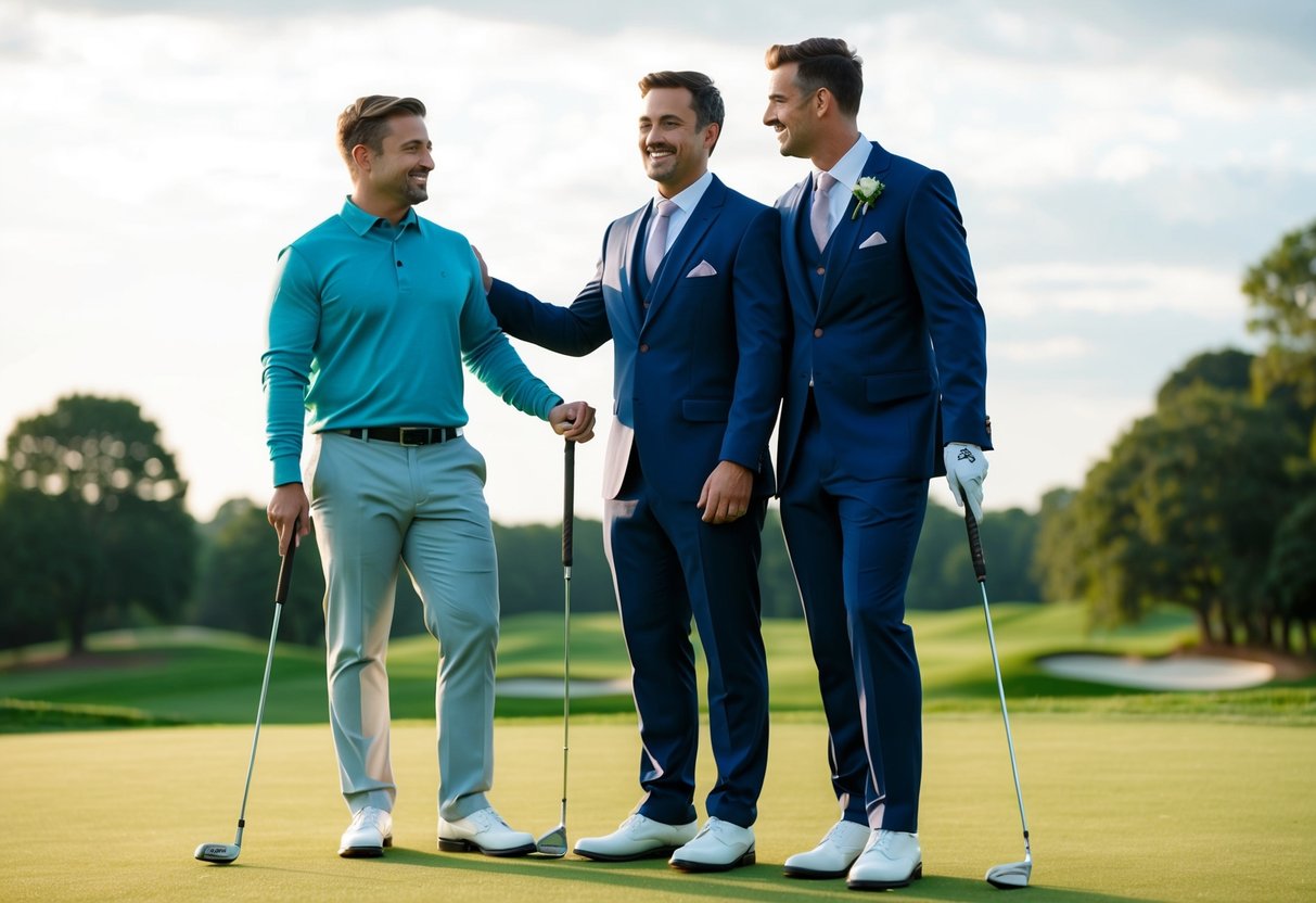The groom stands with a friend, both holding golf clubs, on a lush green golf course
