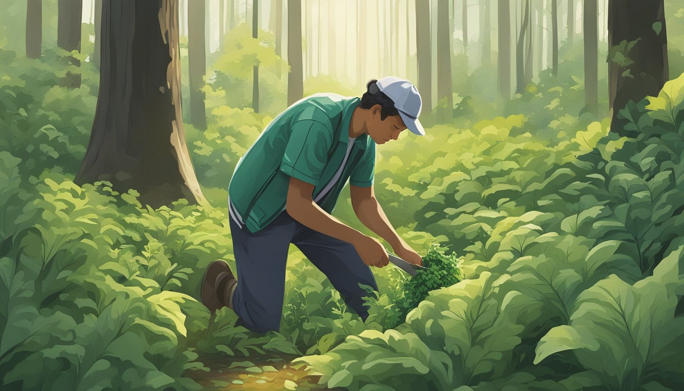 A person picking and examining wild greens in a forest clearing