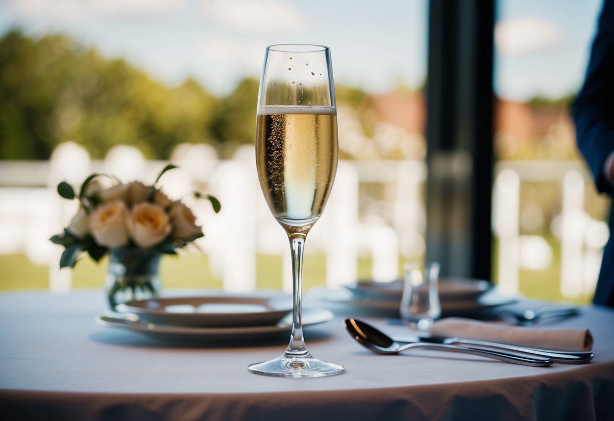 A champagne glass sits on a table beside the groom at a wedding