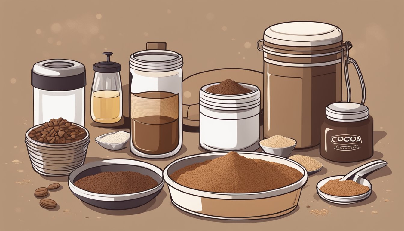 A cocoa powder container with a faded expiration date, surrounded by various baking ingredients and a concerned expression on a person's face