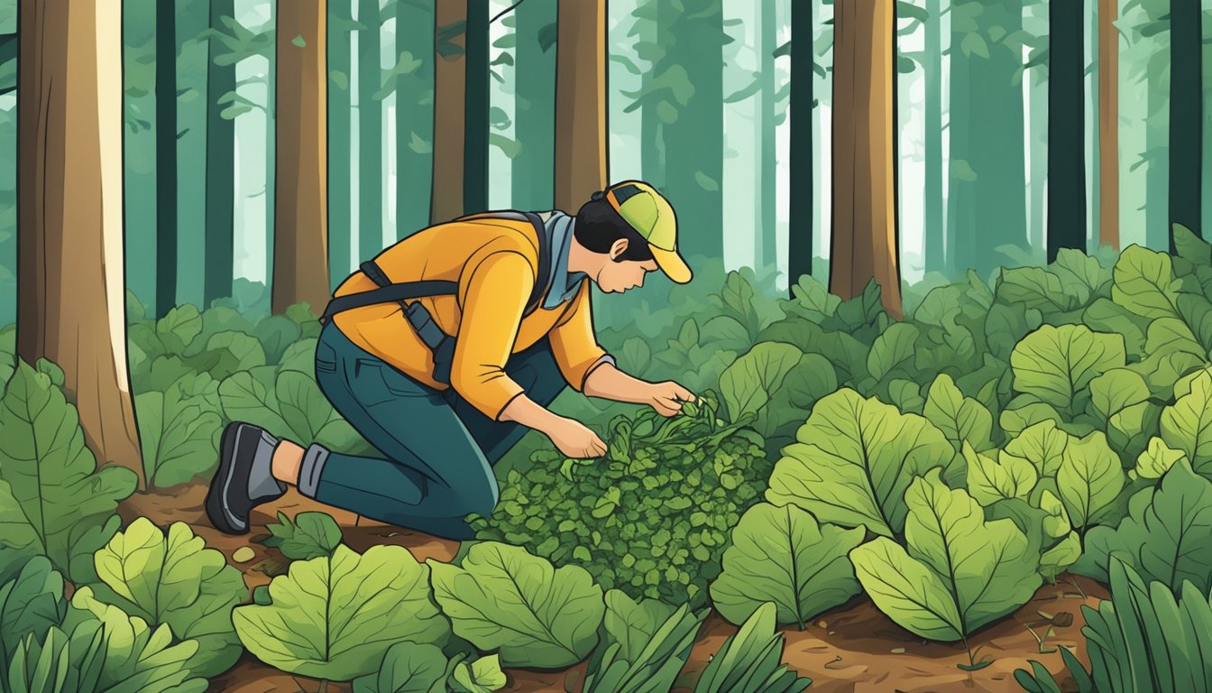 A forager collects wild greens from a forest floor, carefully inspecting each leaf for signs of contamination