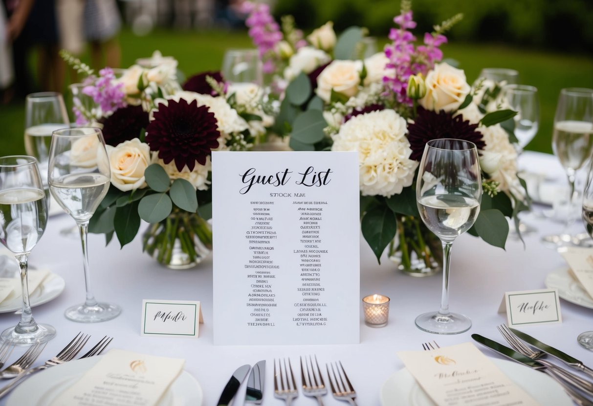 A table with a wedding guest list, including names and seating arrangements, surrounded by floral centerpieces and place cards