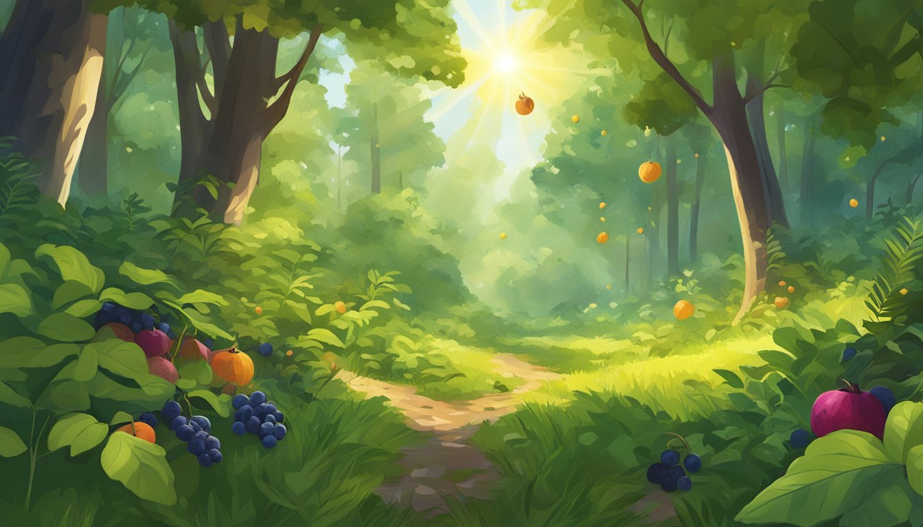 A lush forest clearing with a variety of wild fruits scattered across the ground, surrounded by vibrant green foliage and sunlight streaming through the trees