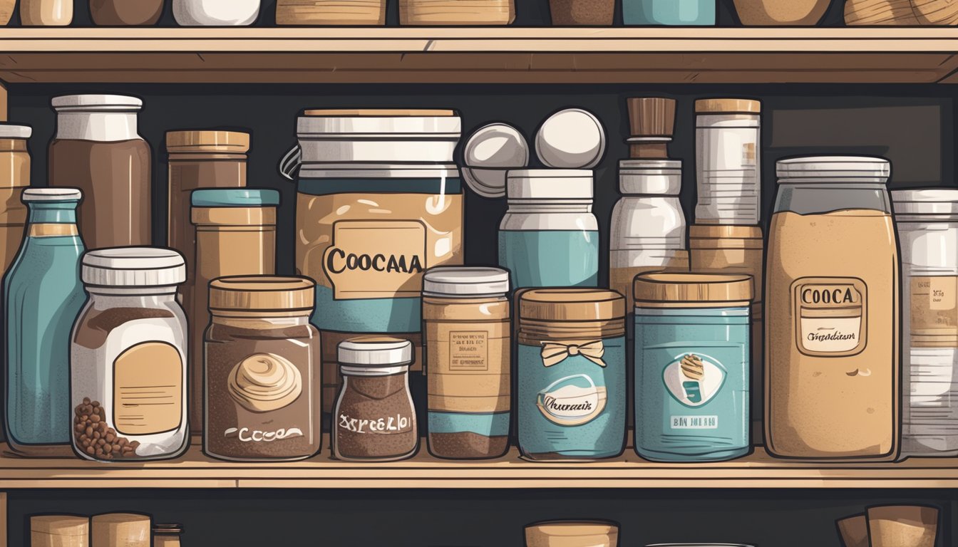 A sealed container of cocoa powder on a pantry shelf, surrounded by other baking ingredients and labeled with an expiration date