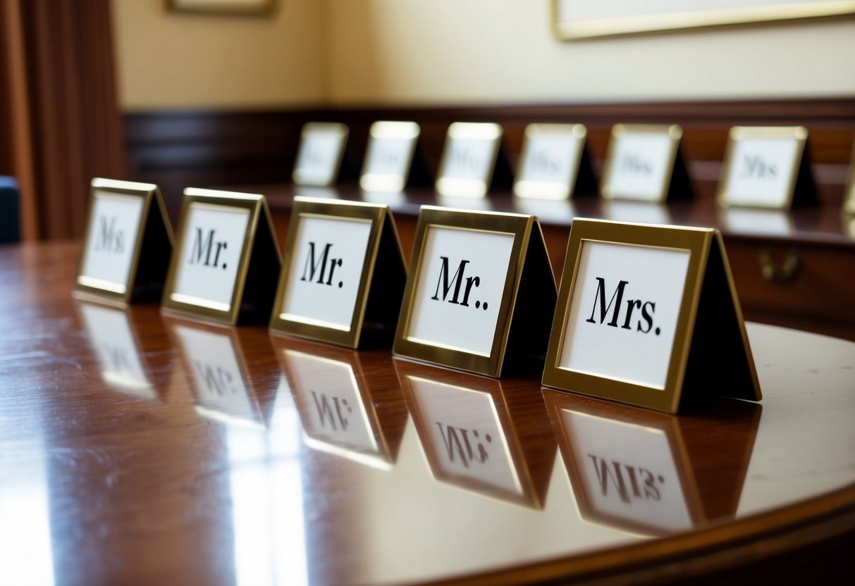 A neatly arranged row of name plates, some labeled "Mr." and others labeled "Mrs.," sit on a polished wooden table