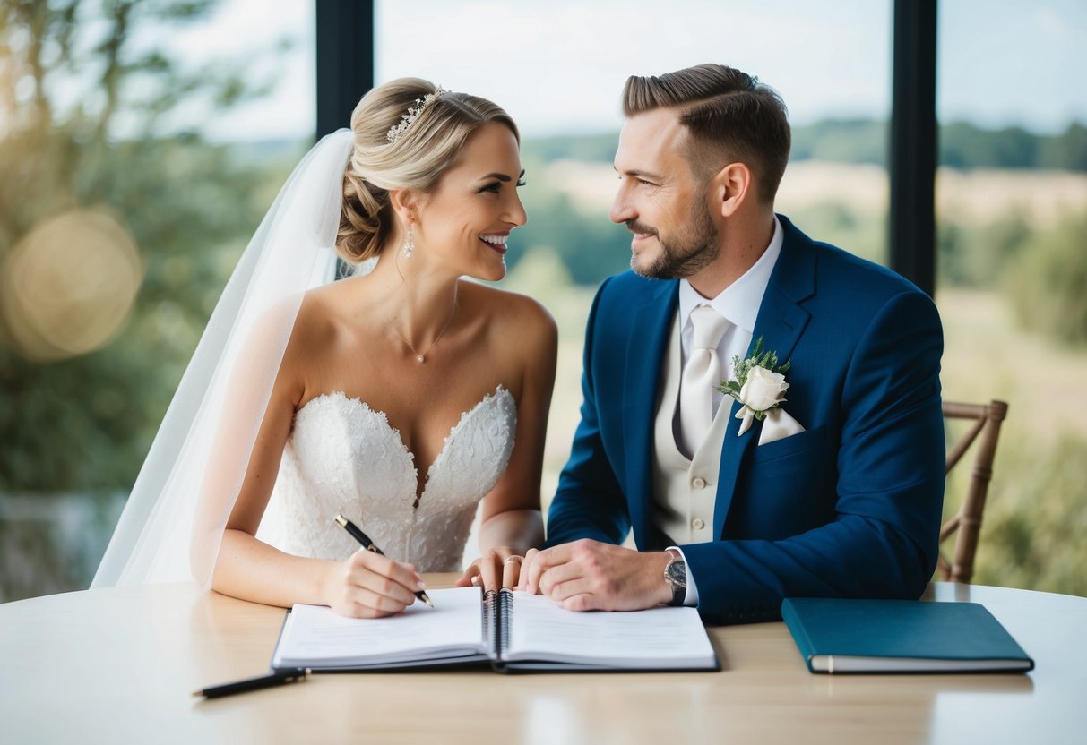 A bride and groom sit at a table with a notebook, pen, and a list of categories for their wedding guest list