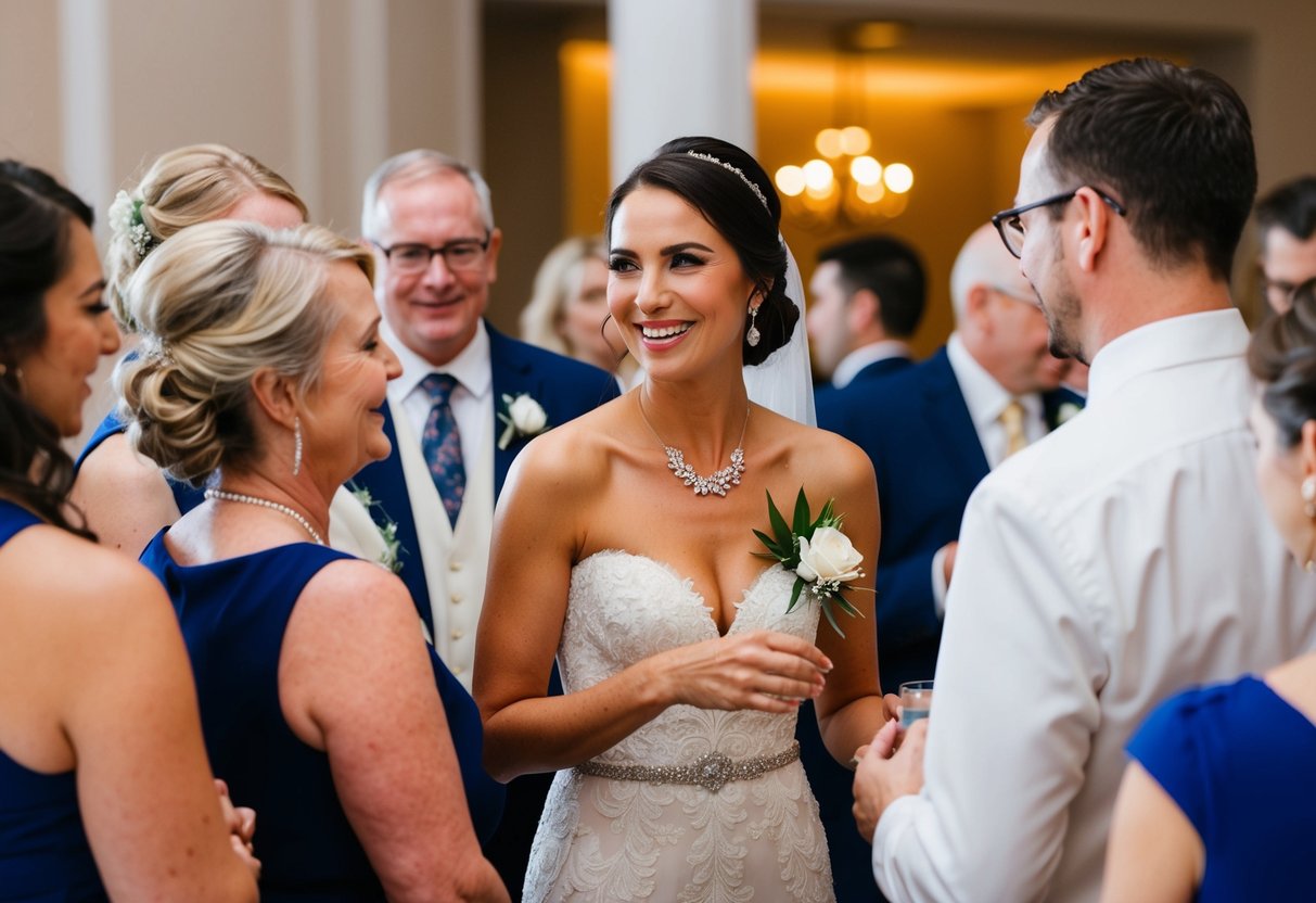 A woman in an elegant dress and a corsage, surrounded by well-wishers at a wedding reception. She is smiling and engaging in conversation