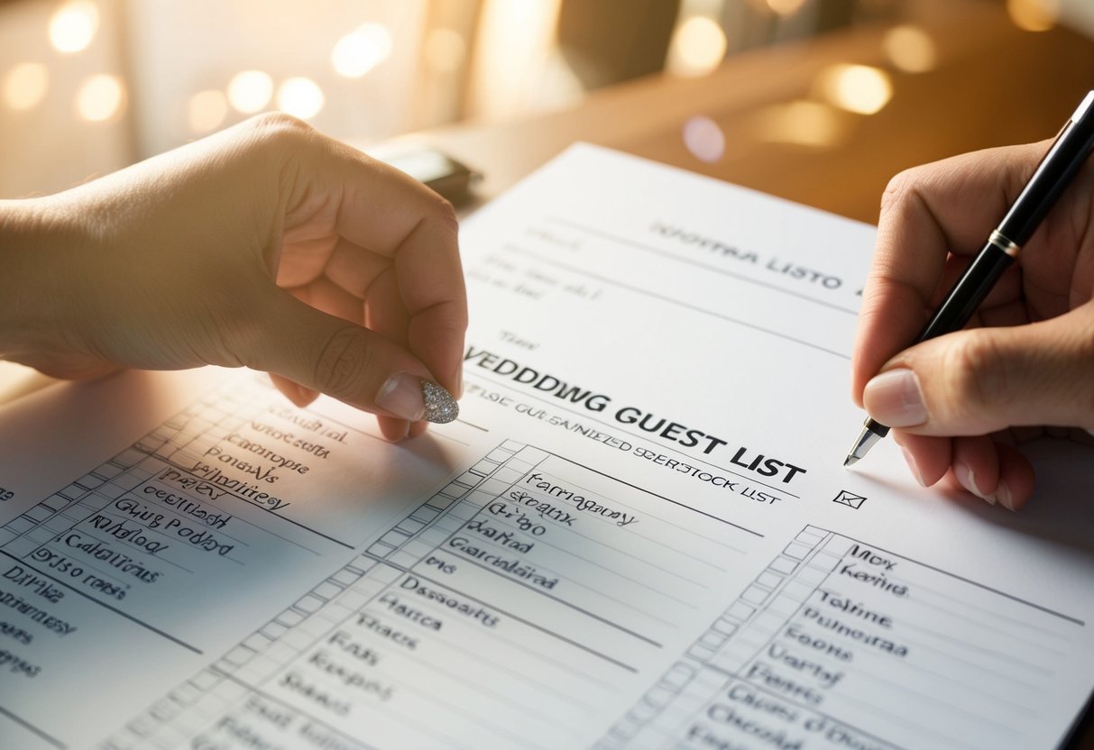 A wedding guest list being carefully organized and edited, with names being added and crossed out