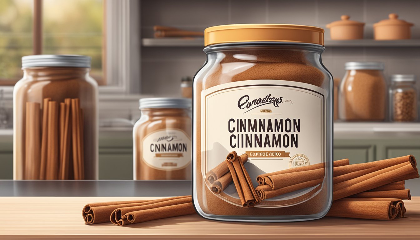 A jar of expired cinnamon with a faded label sits on a kitchen shelf next to a fresh jar of cinnamon