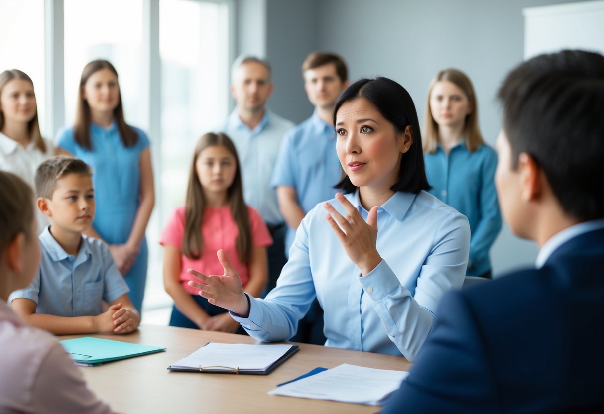 A person addressing a group of adults and children, pondering whether to use "Mr." or "Mrs." as a form of address