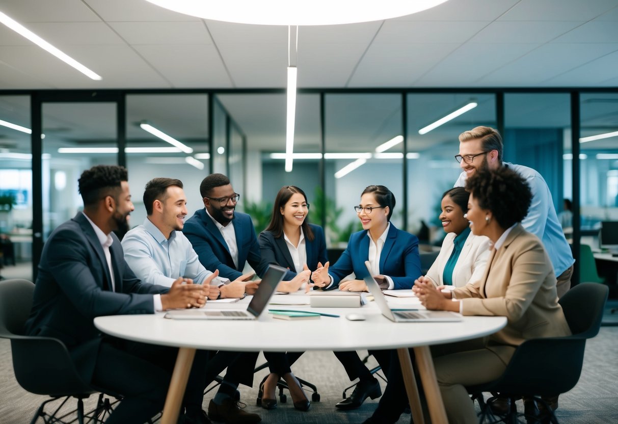 A diverse group of people engaging in inclusive practices, such as collaboration and teamwork, in a modern office setting