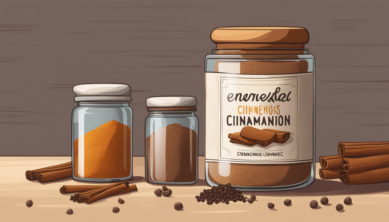 A jar of expired cinnamon sits on a shelf next to other spices. The label is faded, and the cinnamon appears clumpy and discolored