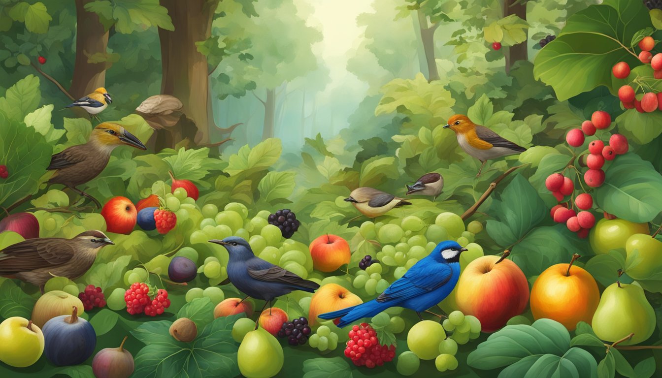 A lush forest floor with a variety of wild fruits scattered among the foliage, including berries, apples, and figs. Birds and small animals are foraging among the fruits