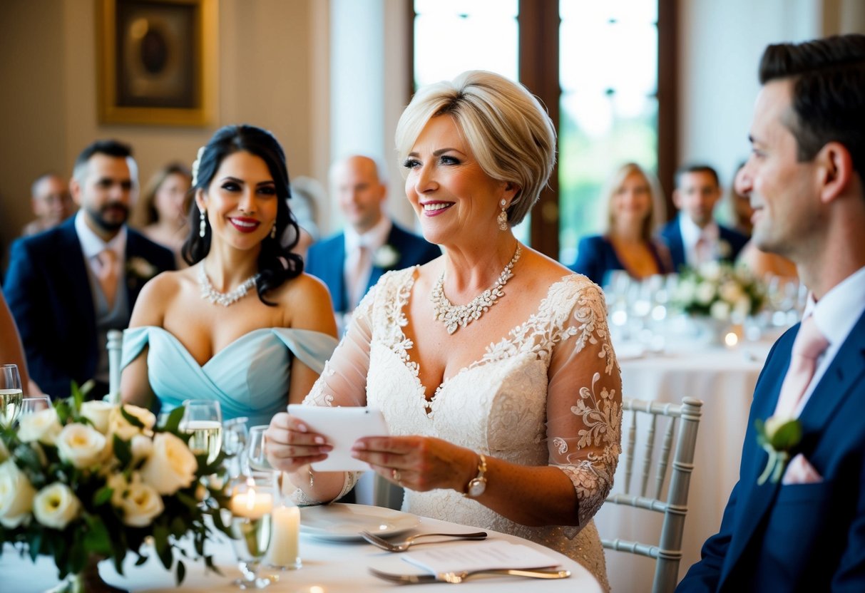 A mother of the bride gracefully oversees financial and hosting duties at the wedding, exuding warmth and elegance