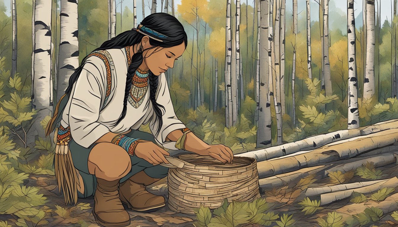 A Native American woman gathers birch bark in the forest, carefully inspecting the trees before peeling off the outer layers