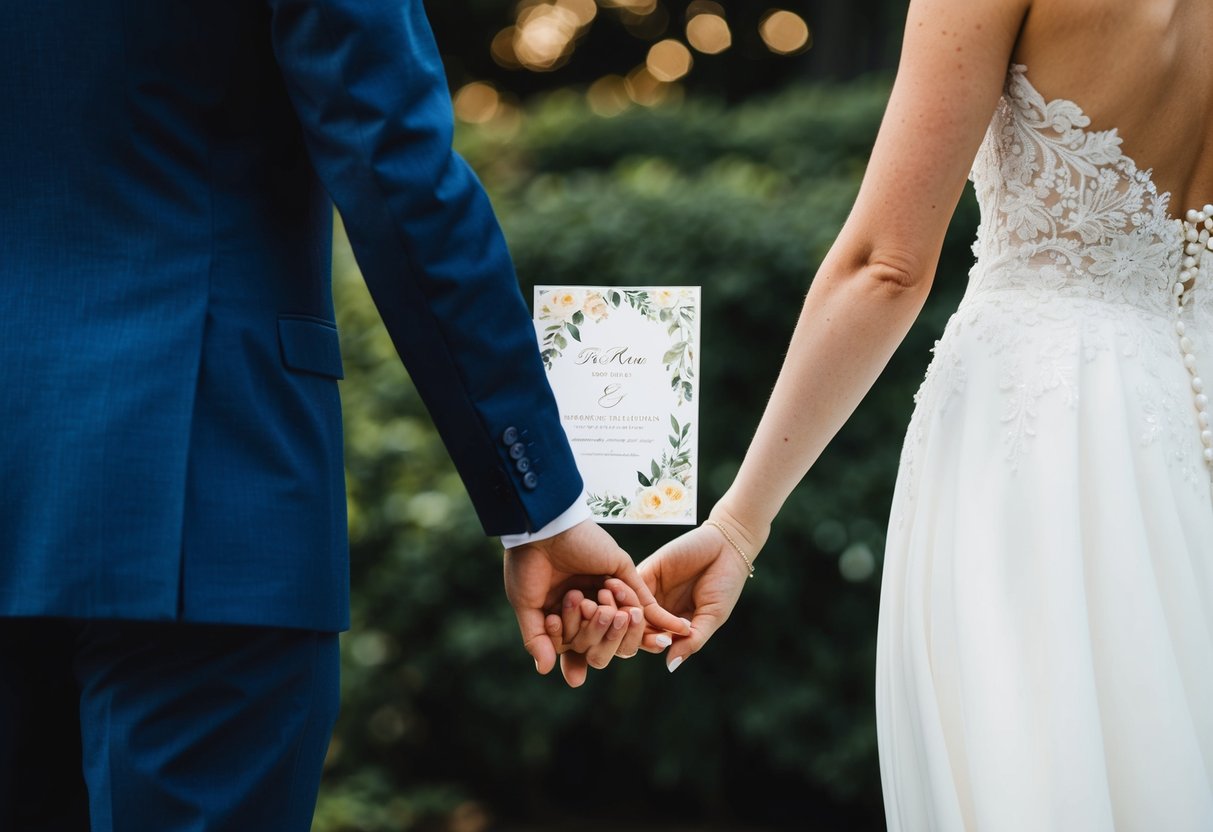 The groom and bride stand facing each other, holding hands, with a decorative wedding card between them